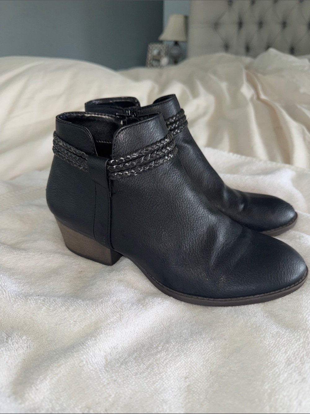 Style & Co. Black Leather Ankle Boots with Braided Strap
